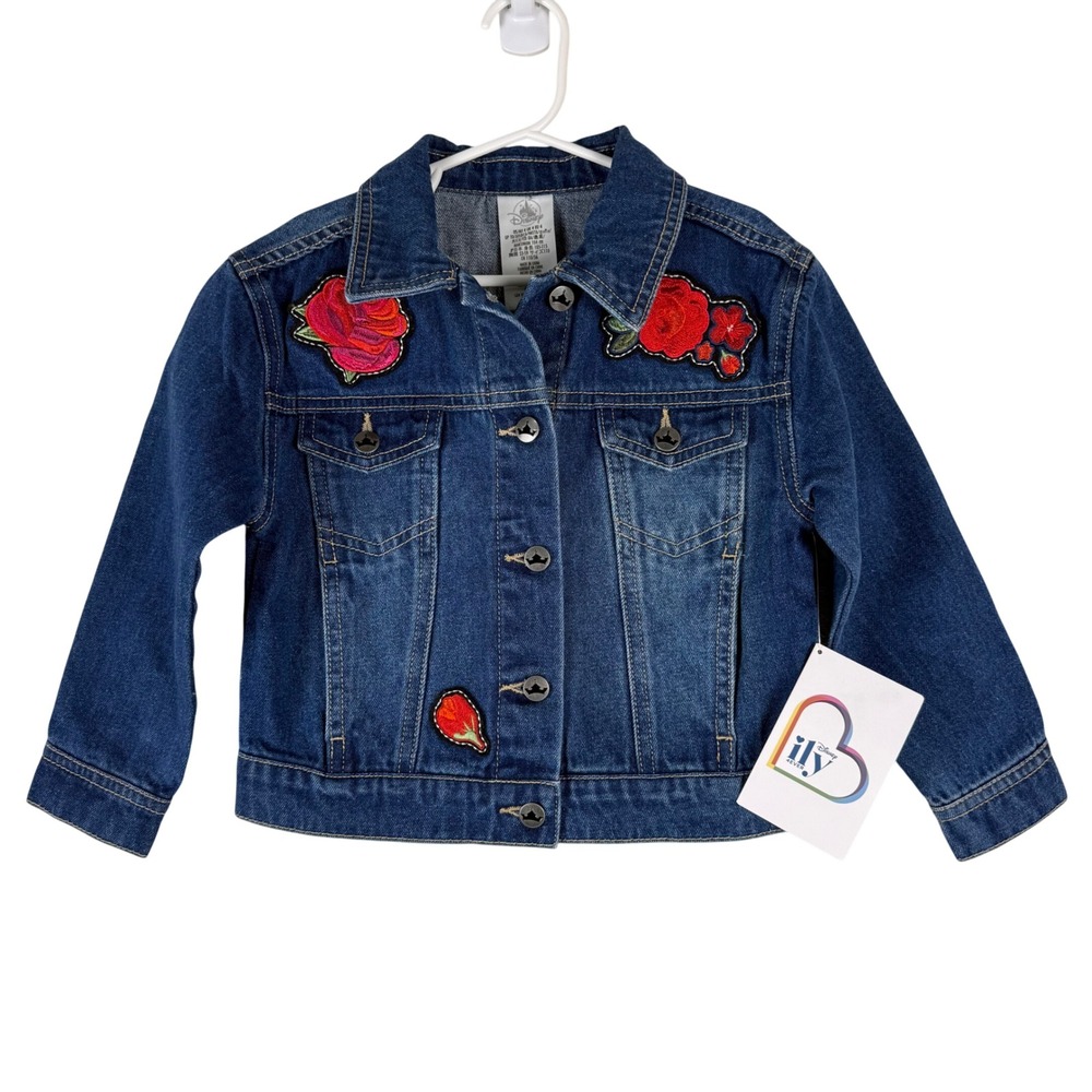 NWT Girls Disney Princess Belle Rose Denim Jacket Blue‎ Disney Store Size 4